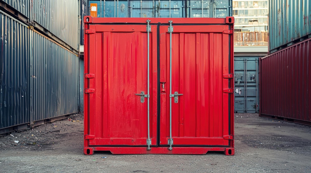 Conteneur rouge avec portes doubles illustrant les différentes dimensions et types de portes disponibles